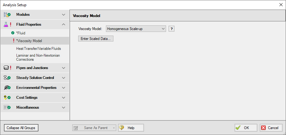 The Viscosity Model panel in Analysis Setup. The Homogenous Scale-up option is selected for the Viscosity Model.